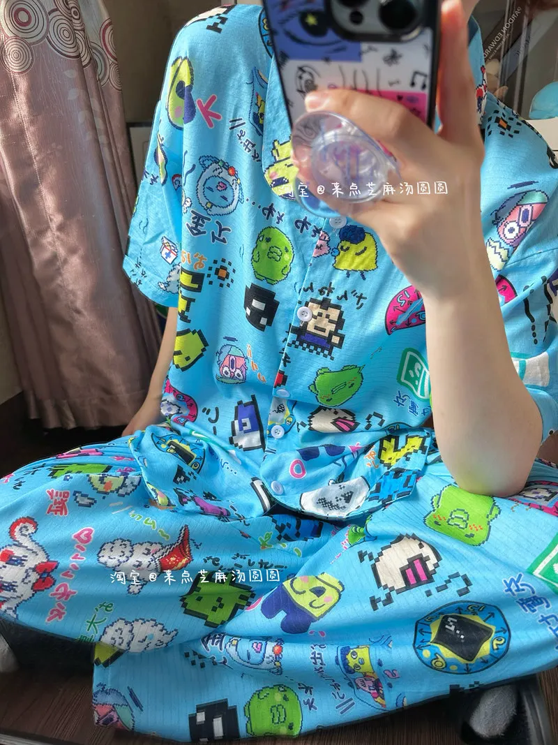 In Stock Summer Crinkle Cotton Short Sleeve Pajama Set With Cute Cartoon Print Loungewear For Teens And Adults Home Casual Gift