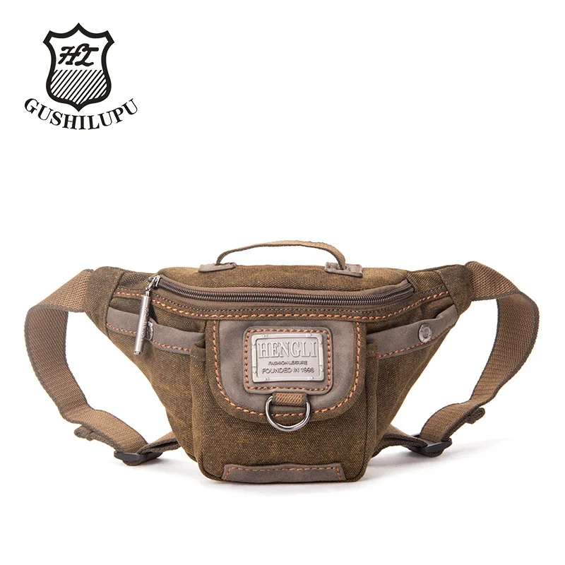 

Canvas and leather patchwork men's retro waist bag, hand-held multi-functional wear-resistant crossbody bag