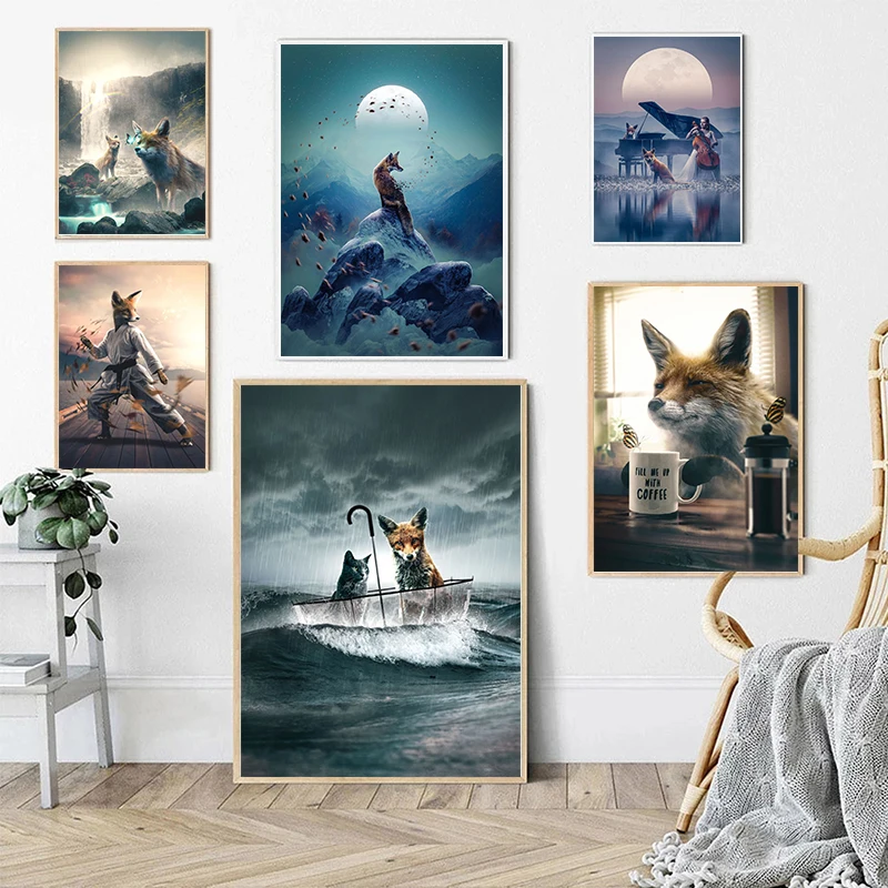 

Funny Animals Drinking Coffee In The Morning Poster Print Abstract Landscape Foxes Riding Canvas Painting Kitchen Bar Wall Decor