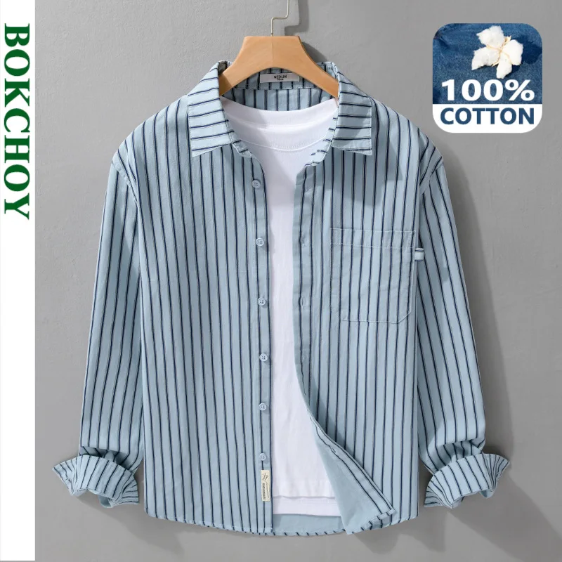 2024 Autumn New Striped Simple 100% Cotton Shirts for Men Clothing Casual Big Pocket Soft Long Sleeve Men Shirts FY3107