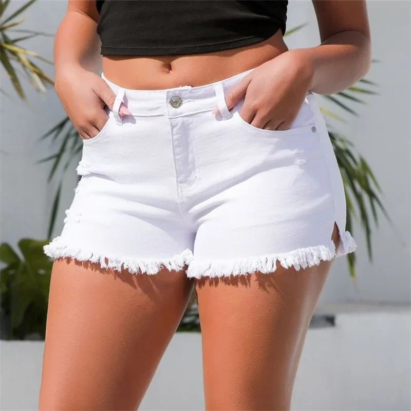 Frauen Sommer Split Quaste Hose Beine Jeans shorts Vintage gebrochene Löcher Dreiviertel hose weibliche lässige Mini-Jeans mit hoher Taille – Detail 15