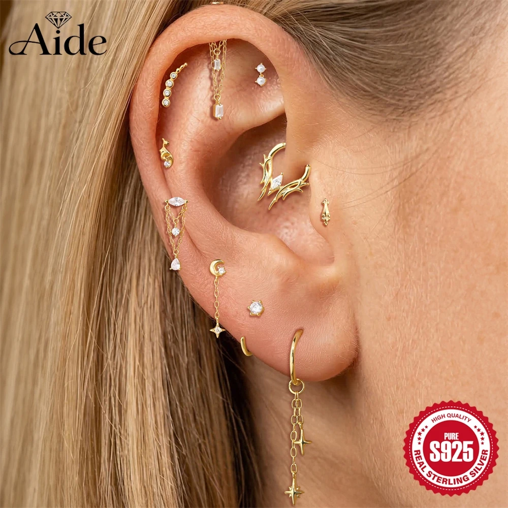 AIDE 925 Sterling Silver Pearl/Star Chain Tassel Flat Back Piercing for Women Sharp Spike Helix Tragus Conch Hoop Jewelry