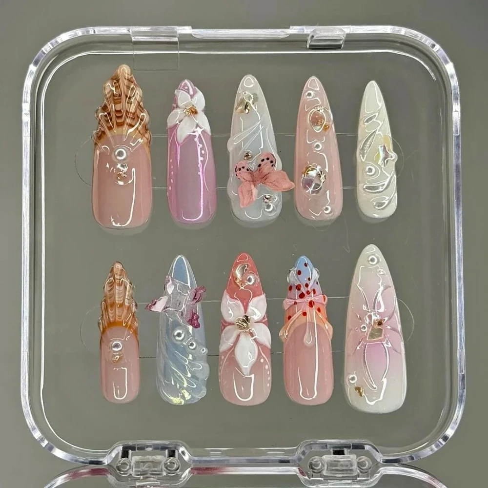 10Pcs Handmade Manicure Long Almond Fake Nails 3D Ballet Shell Limited Nails Press On Nails Design with Adhesive Nail File Set