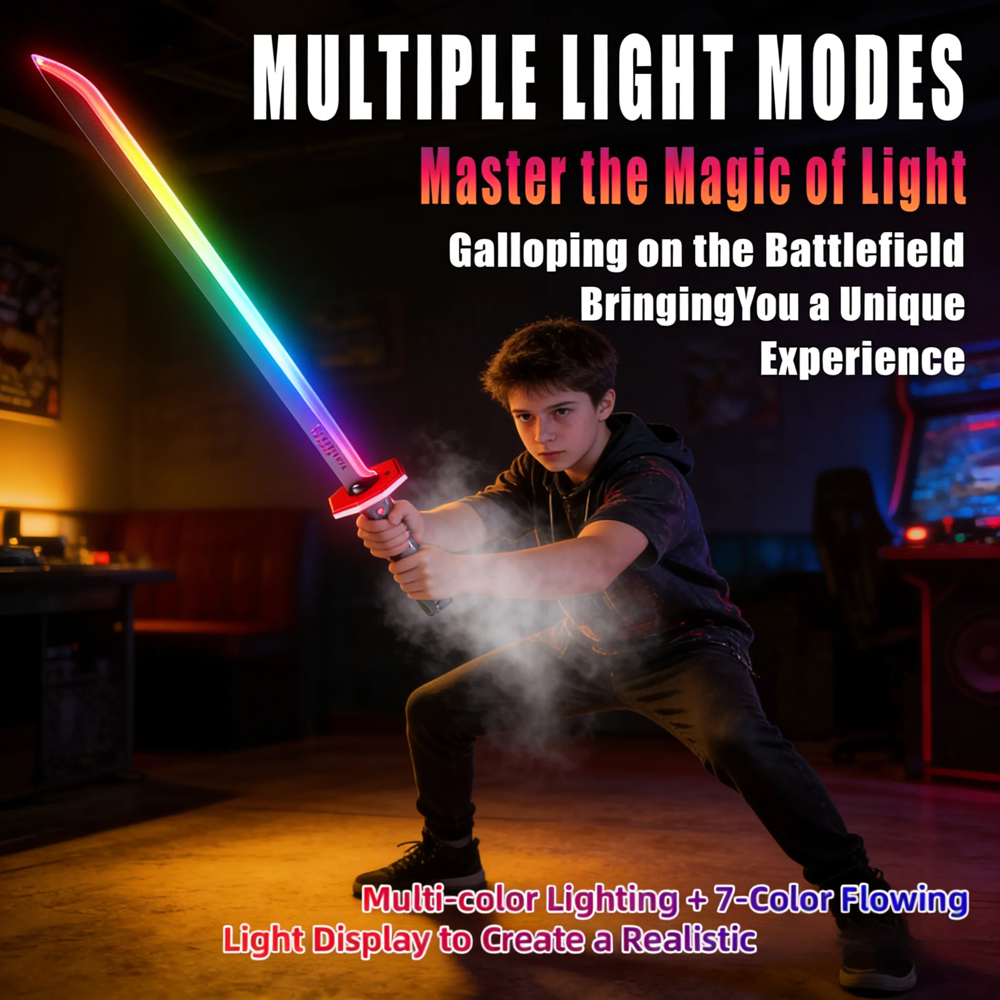 

7-Color RGB Light Sword with Spark & Smoke Effect - Streamer Glowing Laser Toy for Cosplay, Kids Adults Party Prop Gift