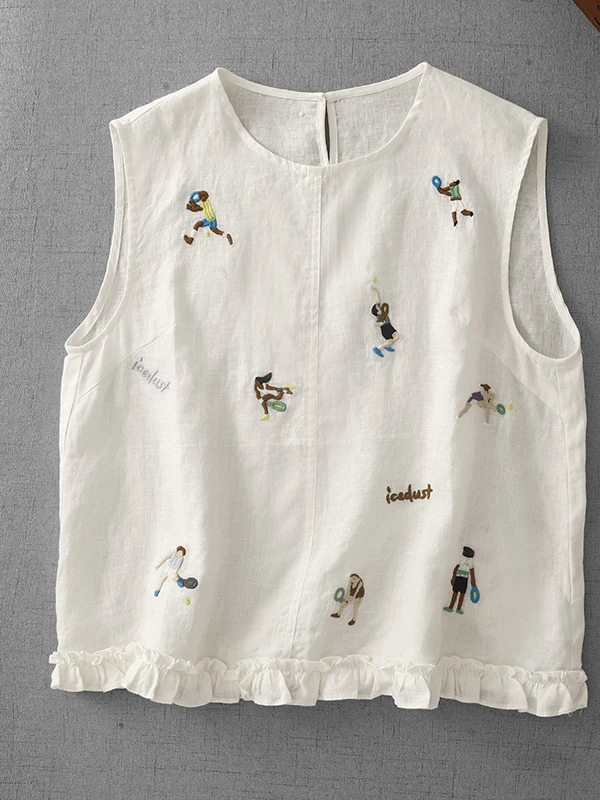 Retro Embroidered Abstract Pattern Svel irt Large Size Women's Casual Linen Vest Summer Faionable Versatile Commute...