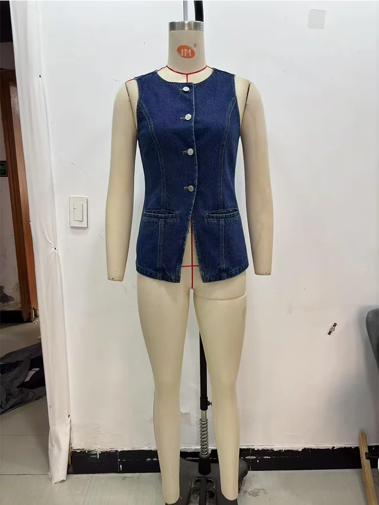 Chalecos vaqueros de verano para mujer, abrigos 2025, moda sólida con cuello redondo, un solo pecho, elegante chaleco ajustado de calle para mujer, prendas de vestir exteriores