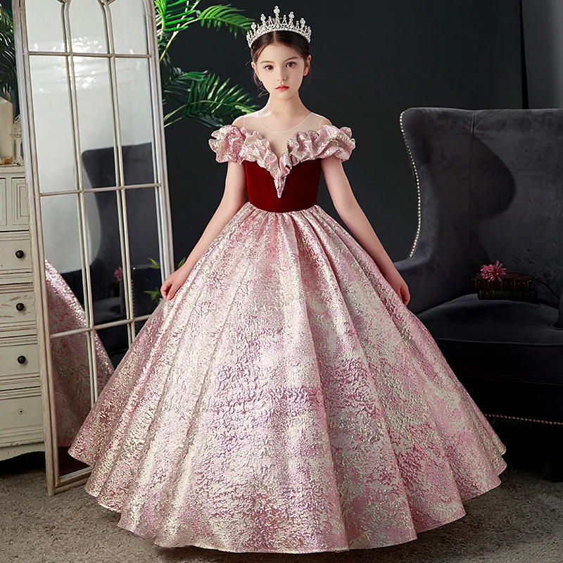 Top Rank Court Style Long Tail Princess Flower Girl Wedding Birthday Party Dresses For Teenager Kids Prom Floor Length Designs