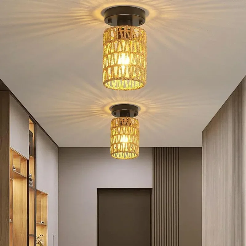 South East Asia Style Restaurant Hotel Aisle Chandelier American Imitation Hemp Rope Rattan Hand-woven Ceiling Lamp