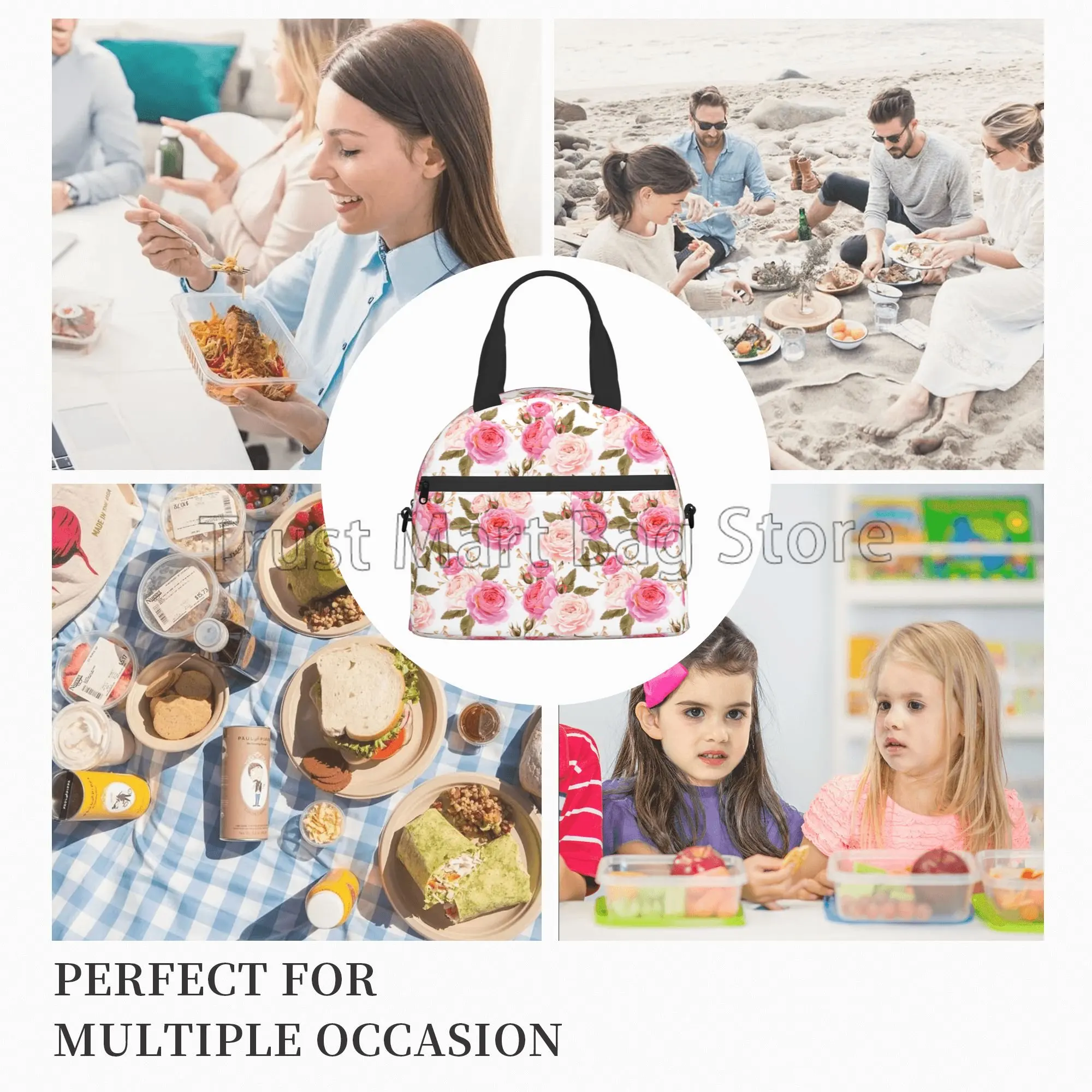 Watercolor Rose Pink Flower Insulated Lunch Box Cooler Tote for Women Reusable Thermal Lunch Bag with Adjustable Shoulder Strap