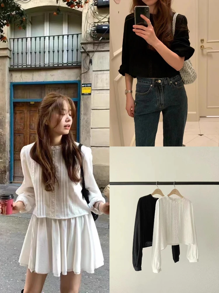 

Весенняя повседневная женская свободная блузка с кружевными вставками, дышащая, удобная, с круглым вырезом, длинными рукавами, однотонная.