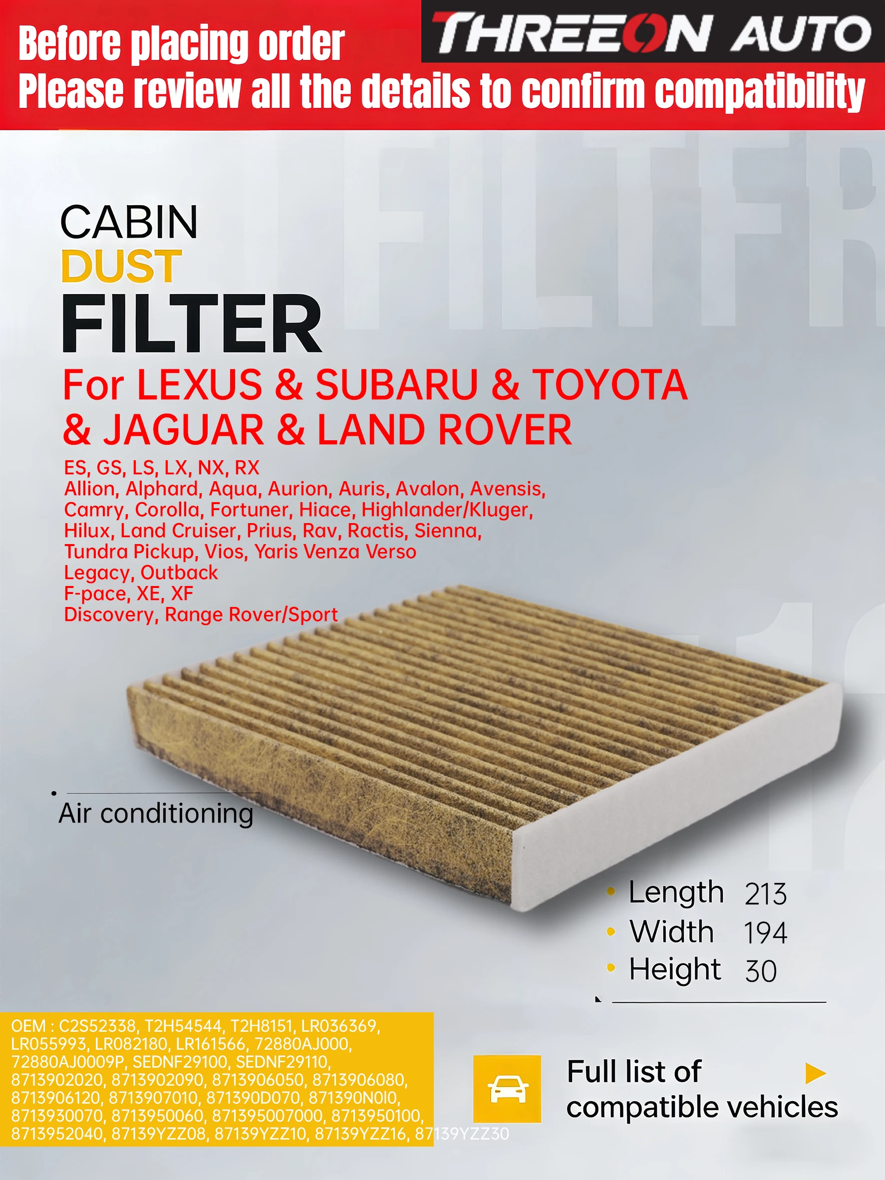 Filtro de cabina de carbón activado THREEON para CAMRY V4 V5 COROLLA E15 E18 HIGHLANDER U2 U4 U5 HILUX 7 8 LAND CRUISER 200 CUK1919