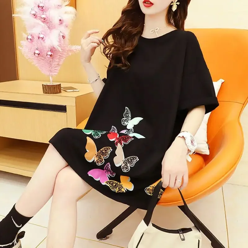 High Street Backless Patchwork Midi T-shirt Female Clothing Loose Stylish Butterfly Printed Summer Casual Round Neck Pullovers