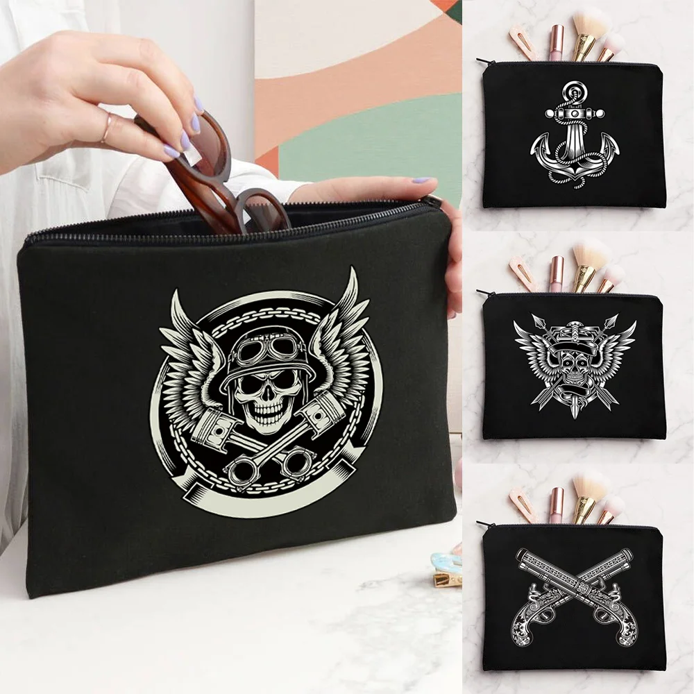Fashion Skull Pattern Black Zipper‑Top Cosmetic Storage PouchGym Training Outdoor Picnic Shopping And Everyday Daily Commute