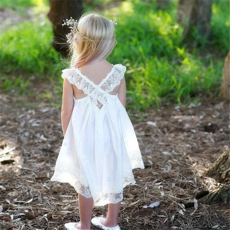 

Flower Girls Dress Ivory Lace Knee Length Square Neck Country Kids Wedding Party Communion Gown Fantastic Children's Gift