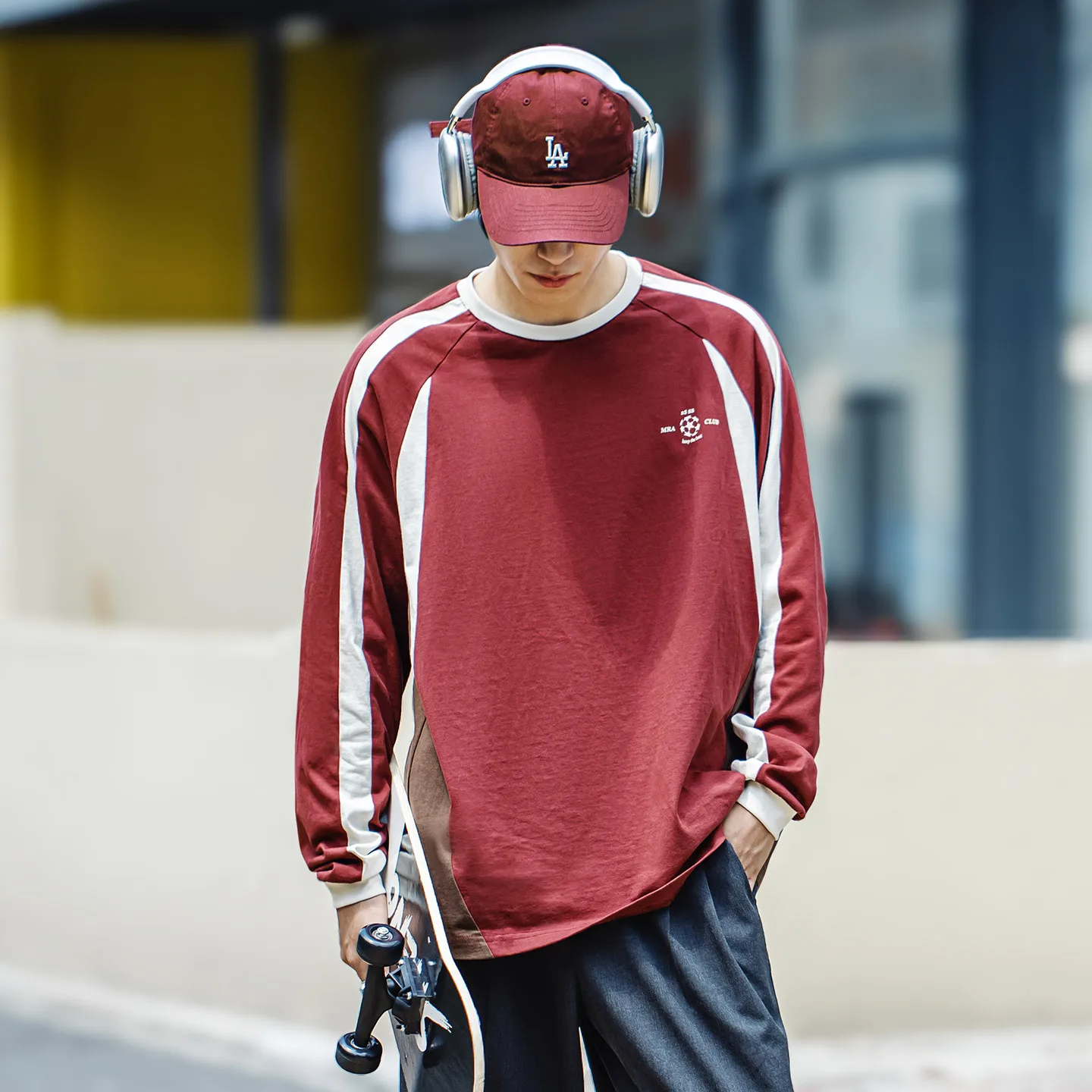 MRA Men's Retro Burgundy Jersey, Pure Cotton Long-Sleeve T-Shirt, Raglan Sporty Print Men's Pullover view 5
