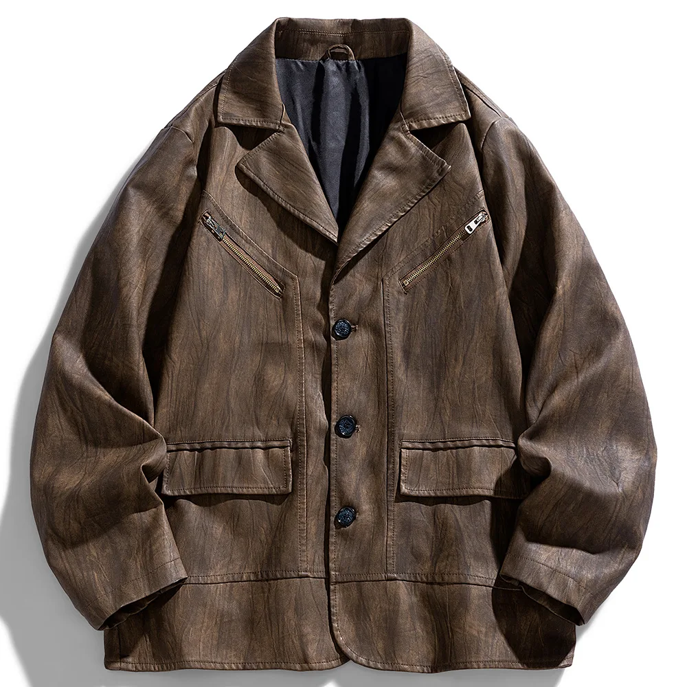 

Мужской байкерский пиджак из искусственной кожи в стиле ретро, приталенный пиджак