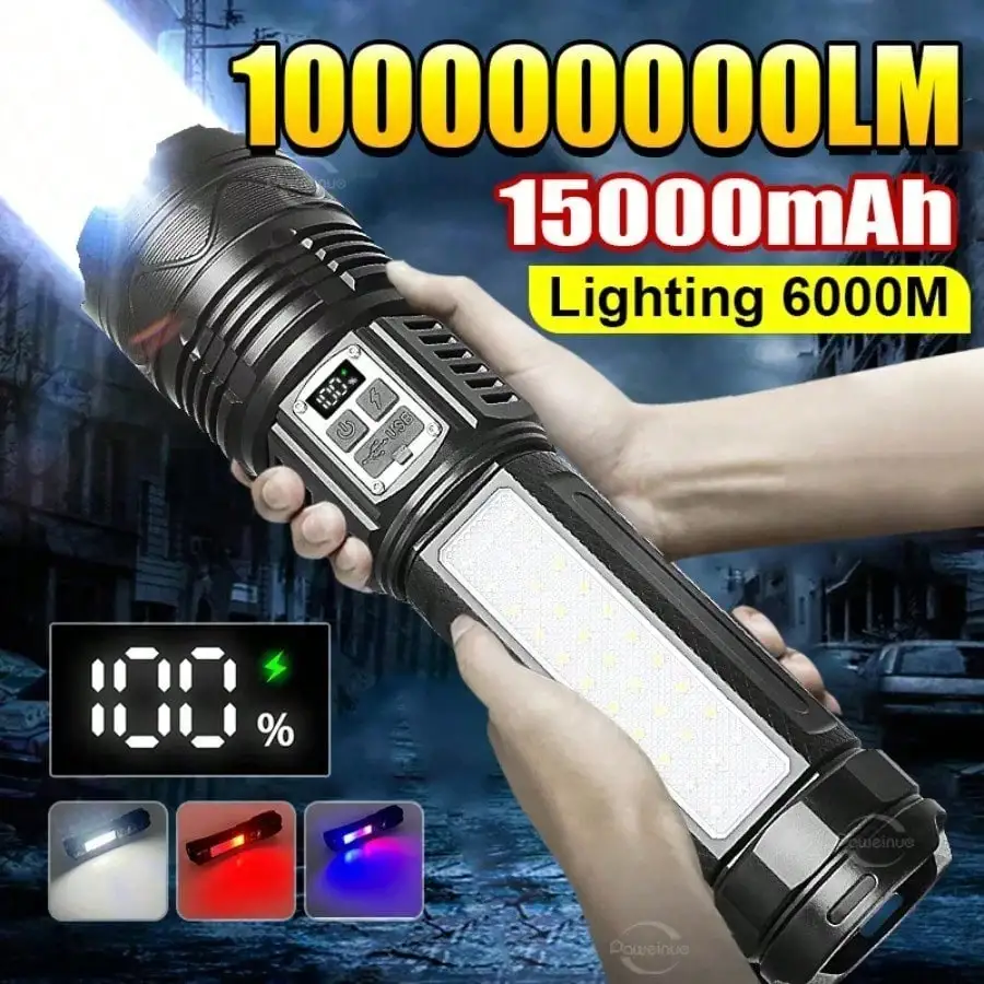 

1000000LM Most Powerful LED Flashlight Rechargeable Type-C Flashlight Long Range 6000M Tactical Torch Light For Fishing Hunting