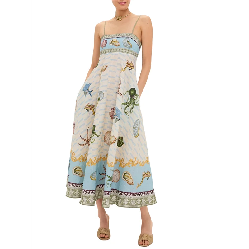 NEW-여성용 여름 보헤미안 맥시 드레스 스파게티 스트랩 플로잉 그래피티 롱 A라인 선드레스