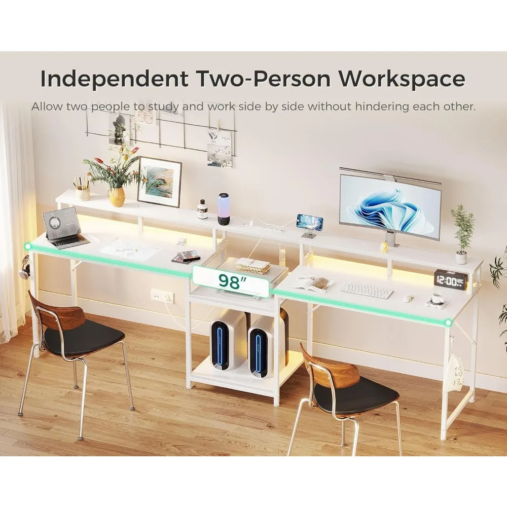 Extra-Large 98 Dual-Person Gaming Desk with Storage and USB Charging for Home Office and Writing