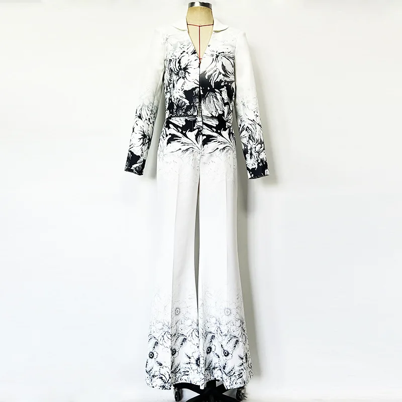 High-end print suit - 2026 new style - European and American socialite polo collar cardigan with flared pants