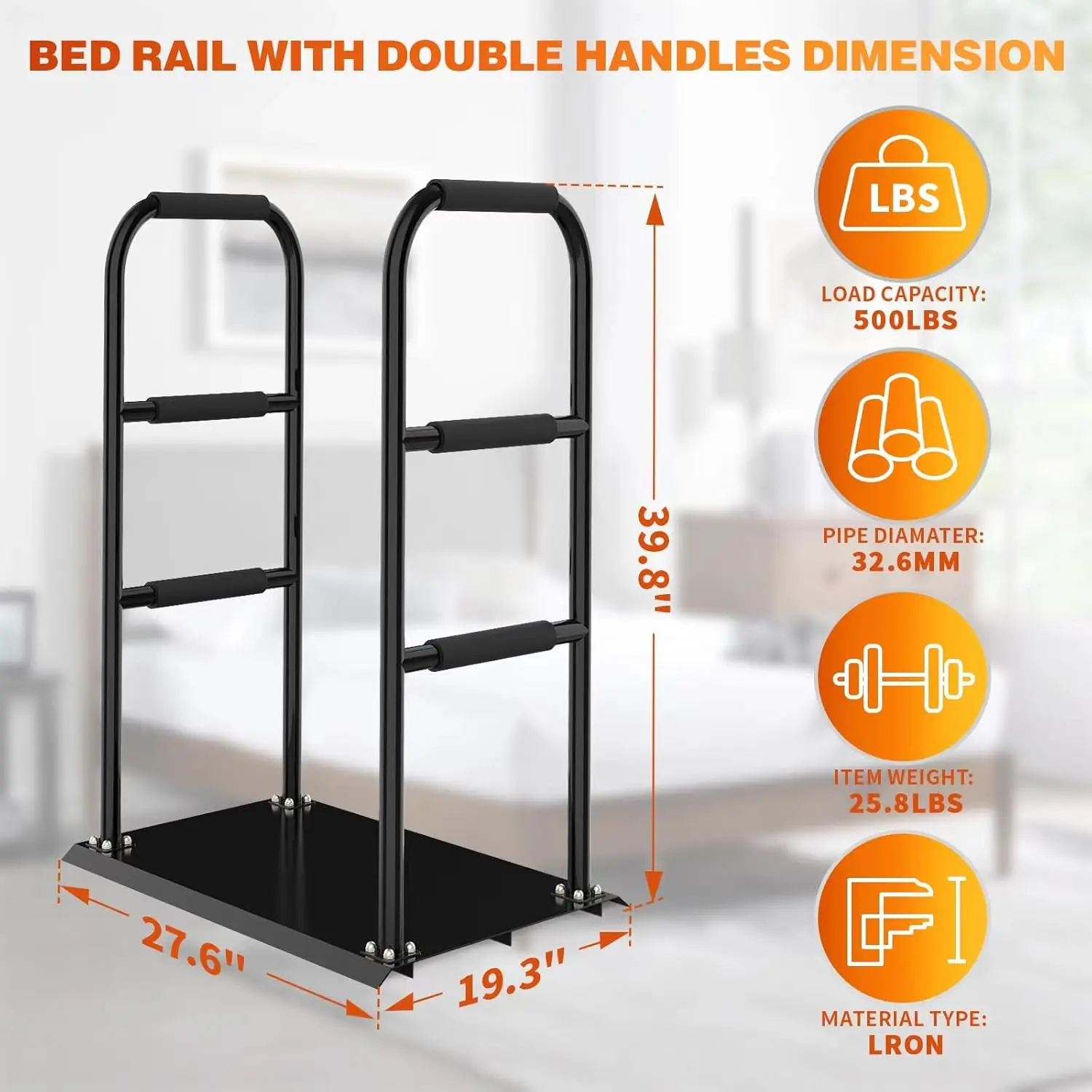 Rail with Double Handles for Elderly, Couch & Chair Stand Assist Bar, Heavy Duty Bed Assist Rail with Non-Slip Covers for Senior