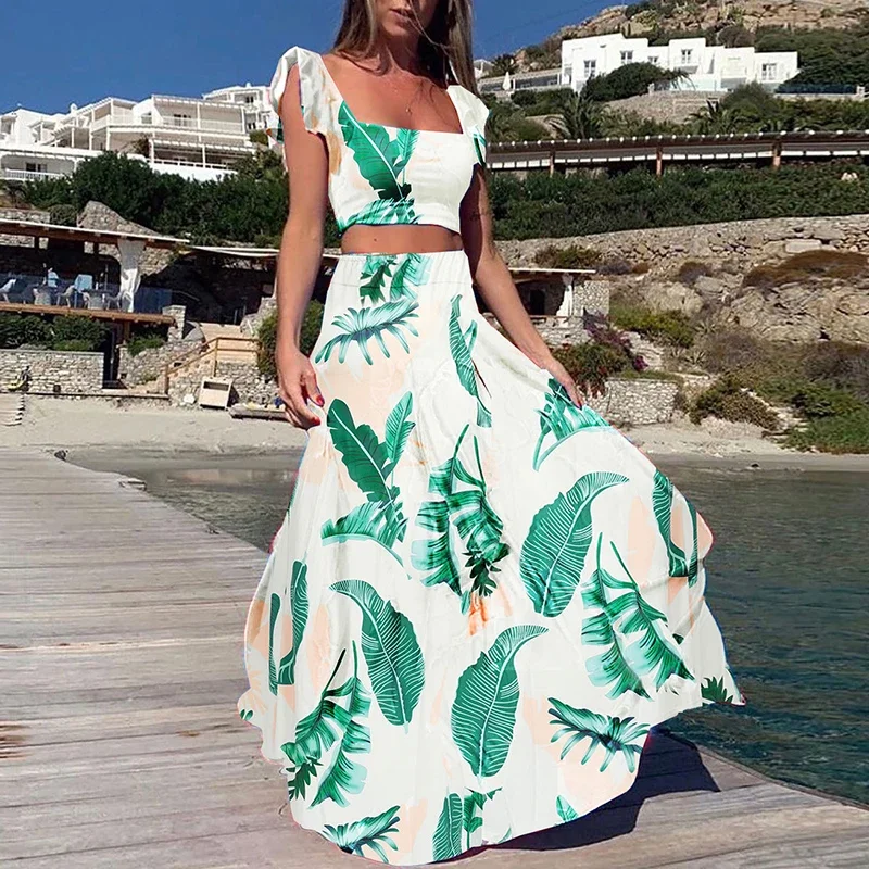 Traje de ombligo ajustado estampado para mujer, conjunto informal bohemio de dos piezas, Top sin mangas con cuello oblicuo Sexy, falda larga, trajes de playa para vacaciones de verano