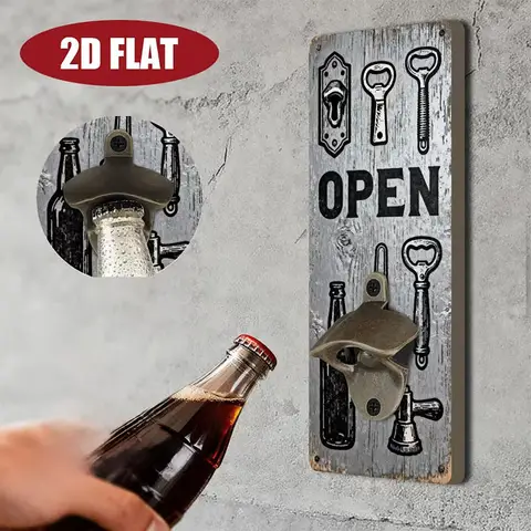 1 Bottle Opener with Wooden Base, Hanging Wall Mounted Bottle Opener, 2D Flat, Home Bar Decoration