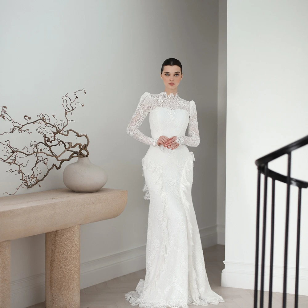 

Lace Wedding Dresses Sweetheart Long Sleeve Mermaid Brides Dress with Button Elegant Bridal Gown Customized robe de mariée