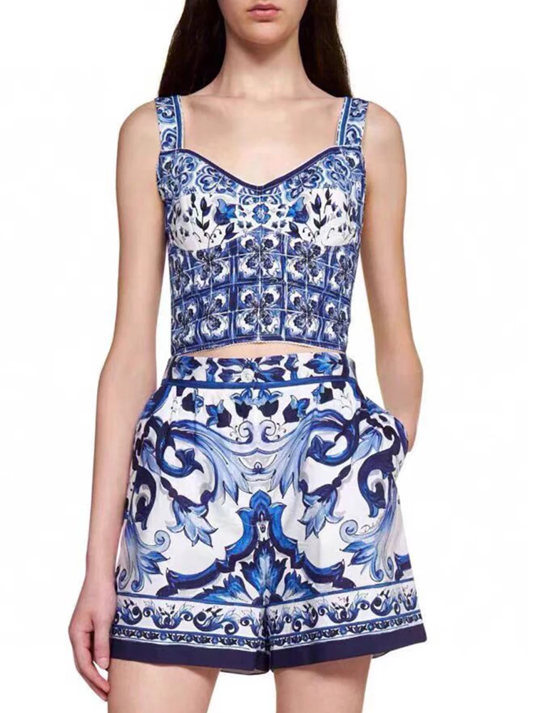 Designer Retro-Geometrie-Print Sexy Schulterriemen-Tube-Top Zweiteiliges Sommerkleid 2026 für Damen + Gerade Shorts Modischer Anzug