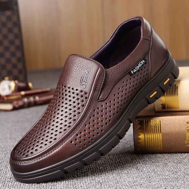 

Мужские летние слипоны с перфорацией, дышащие, удобные, с мягкой подошвой, противоскользящие, кожаные туфли-8867-1