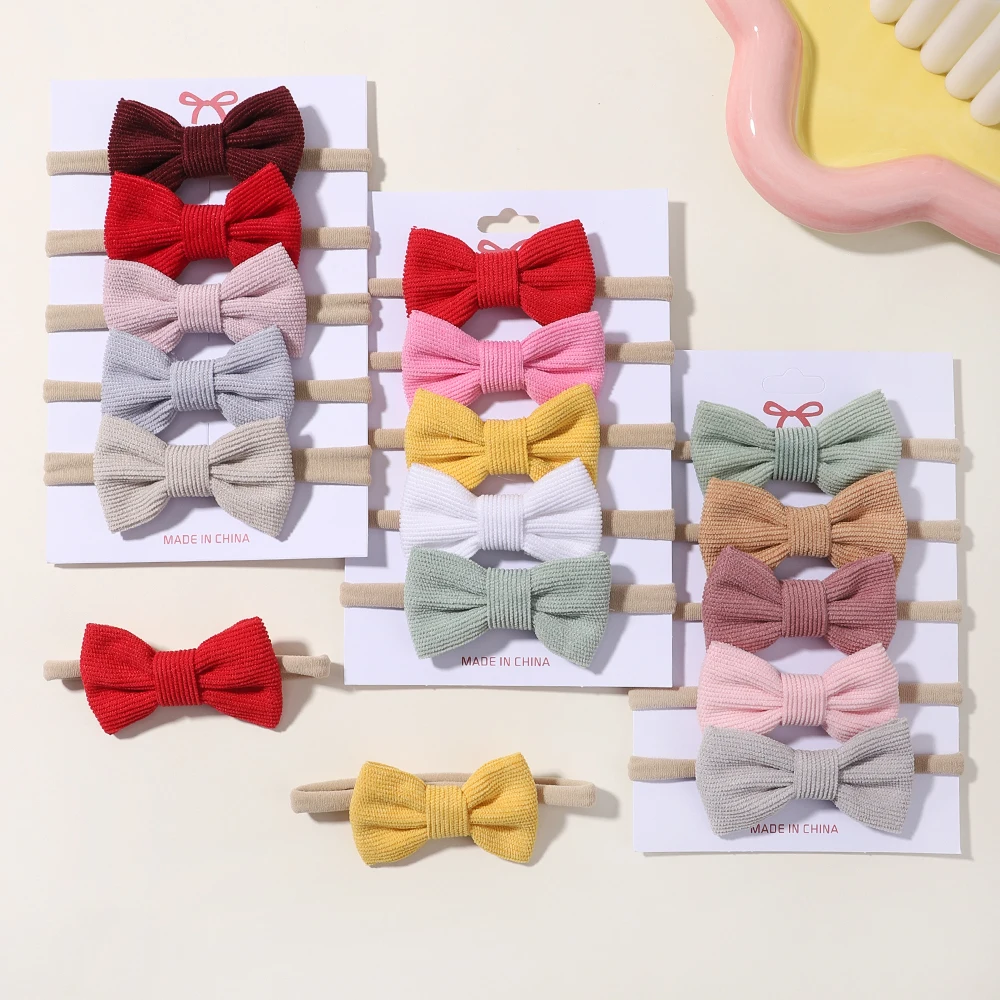 5Pcs/Set Fashion Lovely Bows Headbands Solid Corduroy Elastic Hair Bands Nylon Hairband Newborn Turban Headwear Baby girls