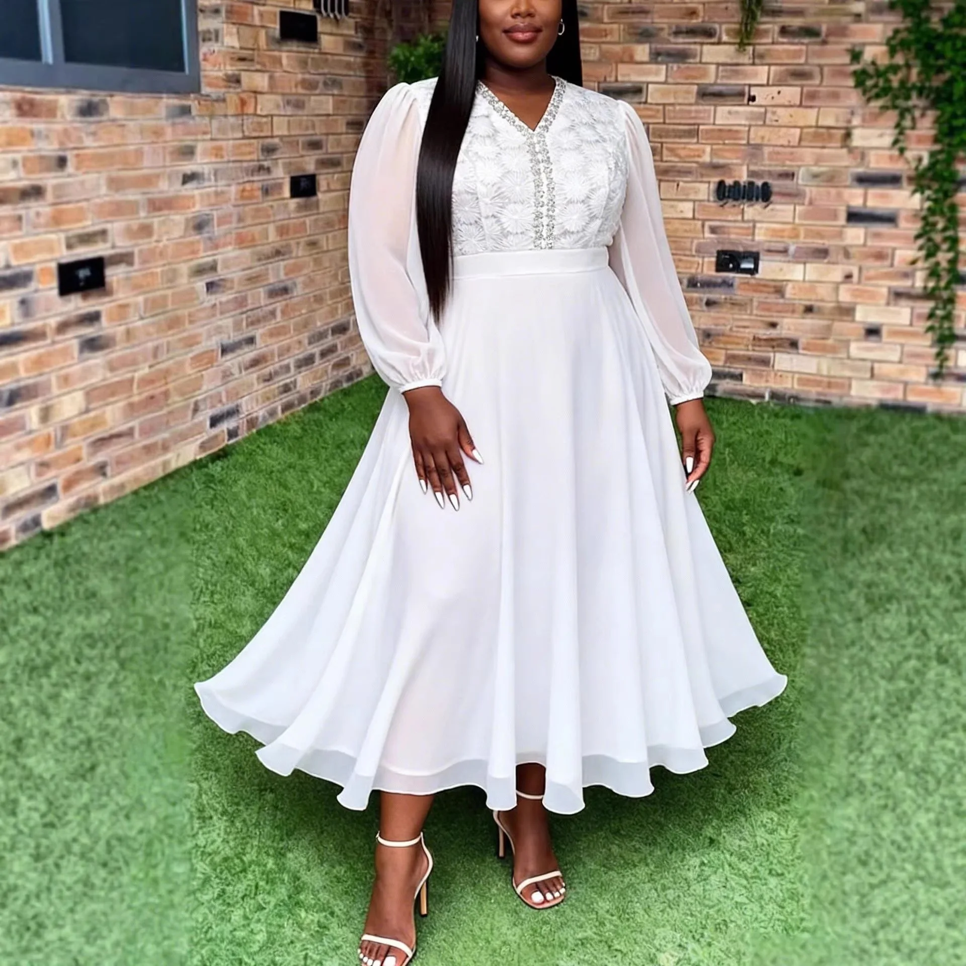 

African Dresses for Woman White Lace Spring Summer Africa Long Sleeve V-neck Polyester Long Pleated Maxi Dress Plus Size