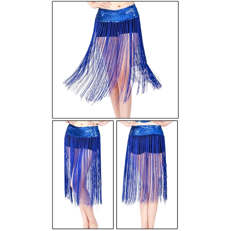 Womens Belly Dance Sequins Waist Chain Skirt Long Tassels Hip Scarf Dancewear