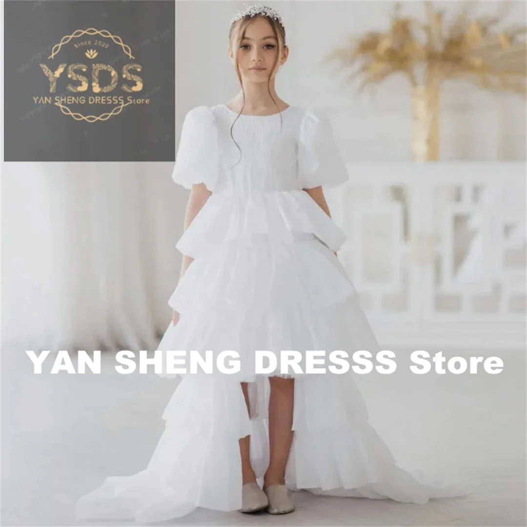

Customized Flower Girl Dresses Tiered With Bow Trailing Short Sleeve For Wedding Birthday Prom Banquet Holy Communion Gown