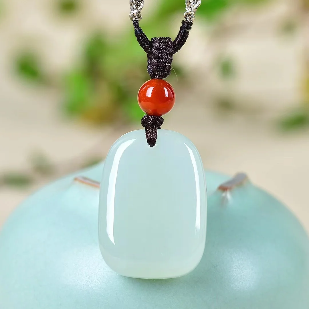 Exquisite Hetian Jade Oval Double Drum Surface Bare Stone Square Ping An Brand Pendant Jewelry 4577#