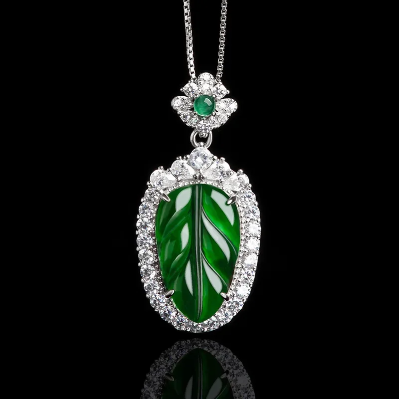 

S925 Silver Natural Jade Leaf Necklace Inlaid with Zircon Ice Women's Fashion Pendant High Grade Jewelry Gift Dress Accessories