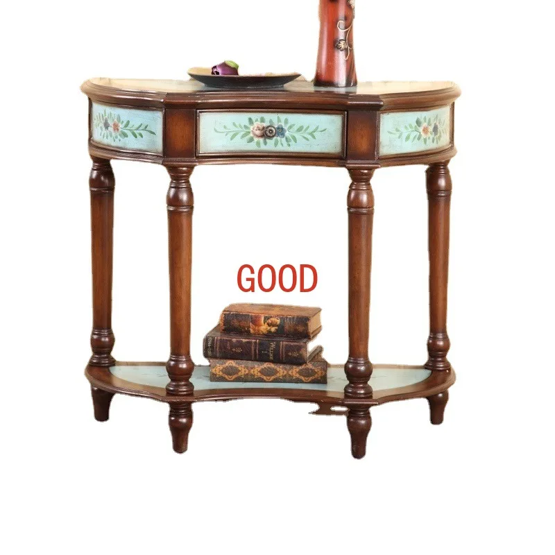Hall Console Tables Retro Painted Pastoral Curio Cabinet Blue Half round Table