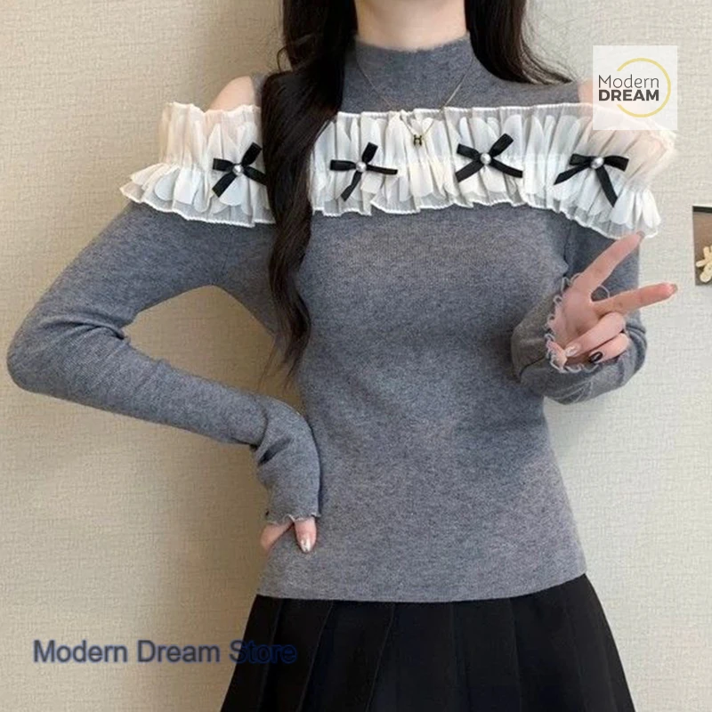 

Korean lace stitching three-dimensional bow off-the-shoulder long-sleeved sweater top women's autumn and winter Joker sweater