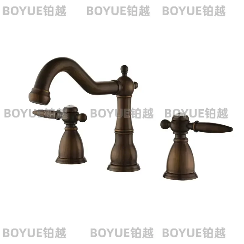 Antique Gold Brass 3 Hole Basin Faucet Dual Handle Hot Cold Water Mixer Tap Split Deck Mount Bathroom Sink Faucet Set