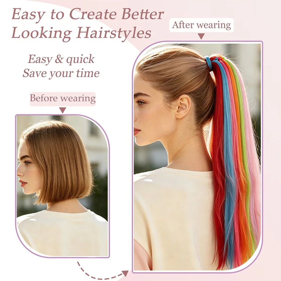 Synthetic Colorful Straight Ponytail Extension Elastic Hair Tie Hair Accessories For Daily Cosplay Party Christmas Halloween