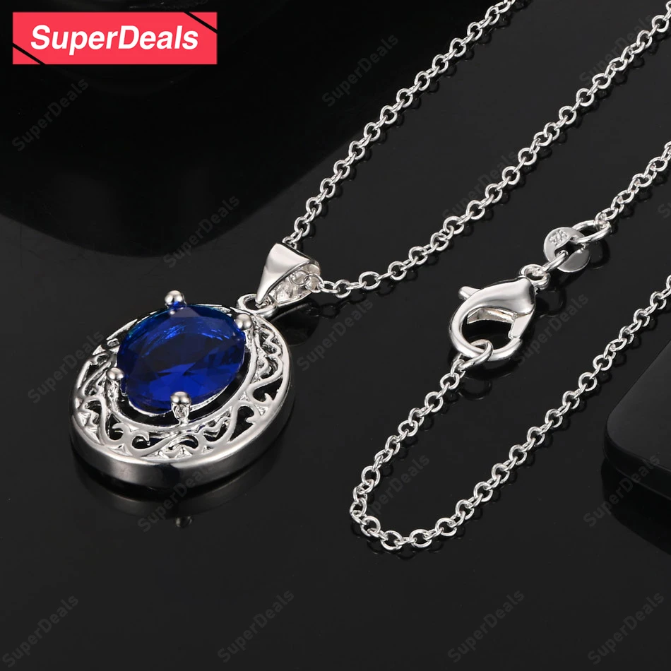 

SuperDeals 925 Sterling Silver Oval Blue Zircon Pendant Necklace Mother's Day Gift Birthday Wedding Party Classic Jewelry
