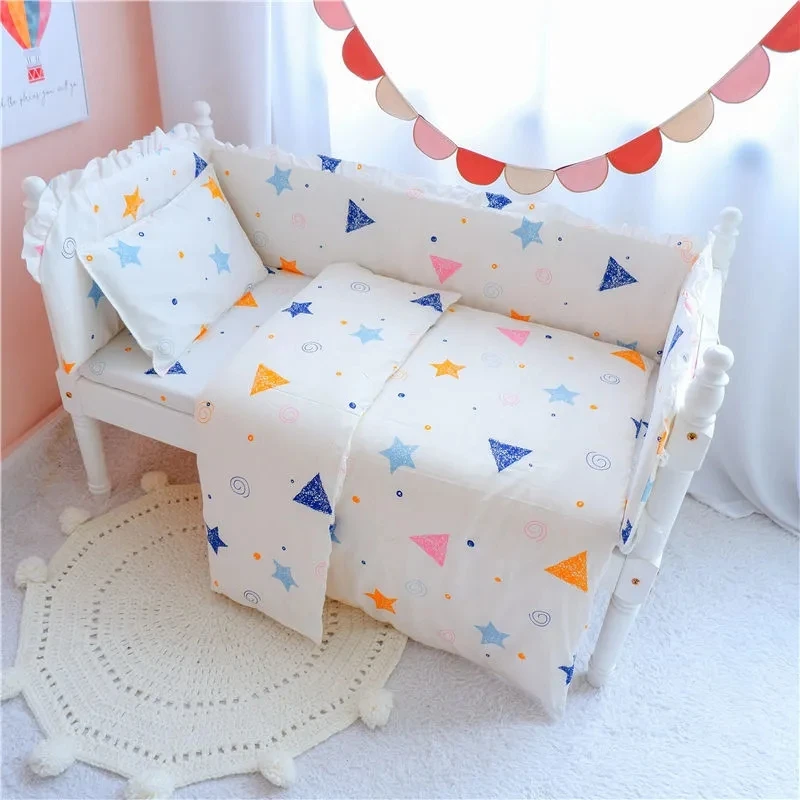 6 Pcs/set Crib Bumpers Fitted Sheet Pillowcase Suit Pure Cotton Anti-collision Crib Bumpers Removable Washable Bed Fence