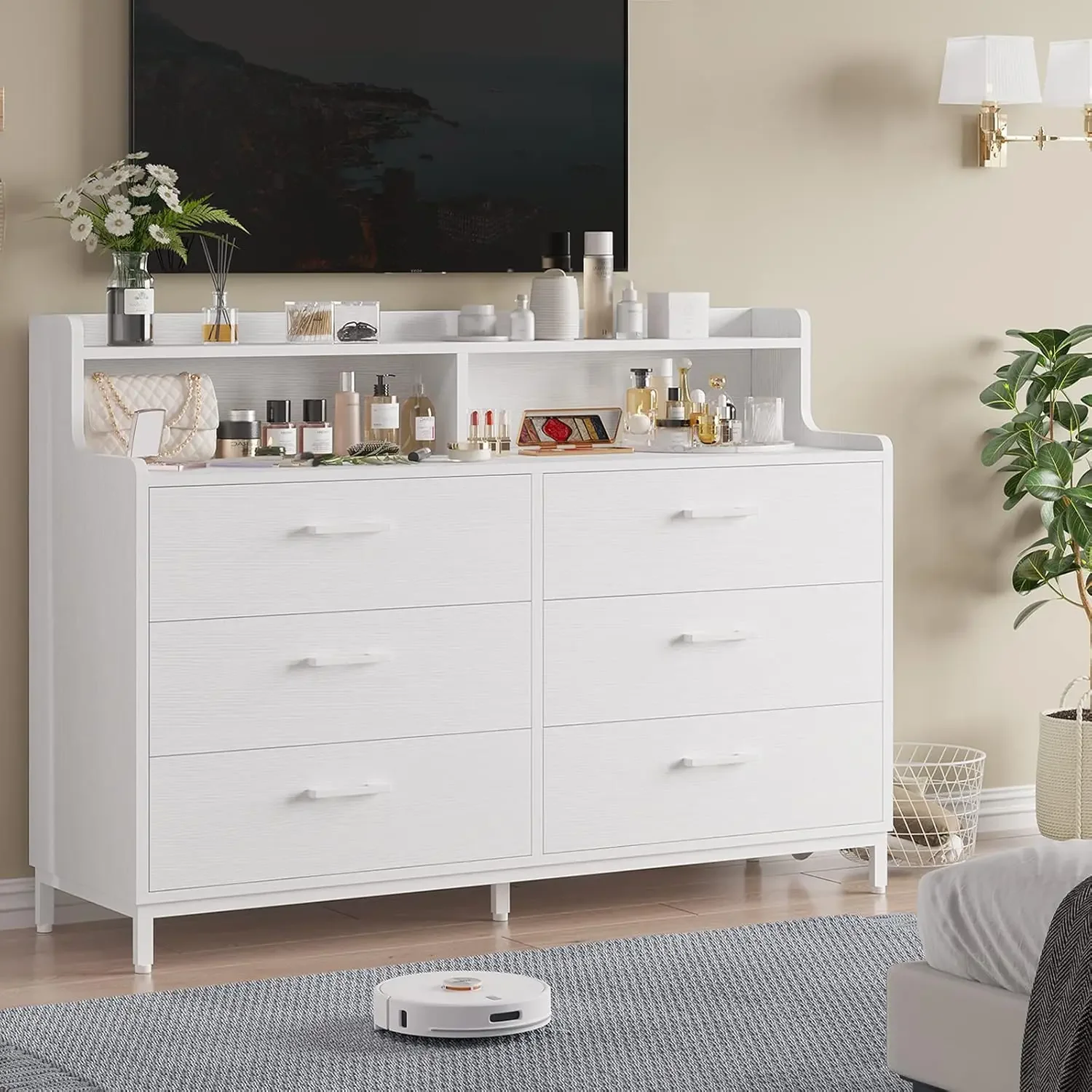 

Dresser for Bedroom with 6 Drawers and Storage Shelves, Wide Chest of Drawers