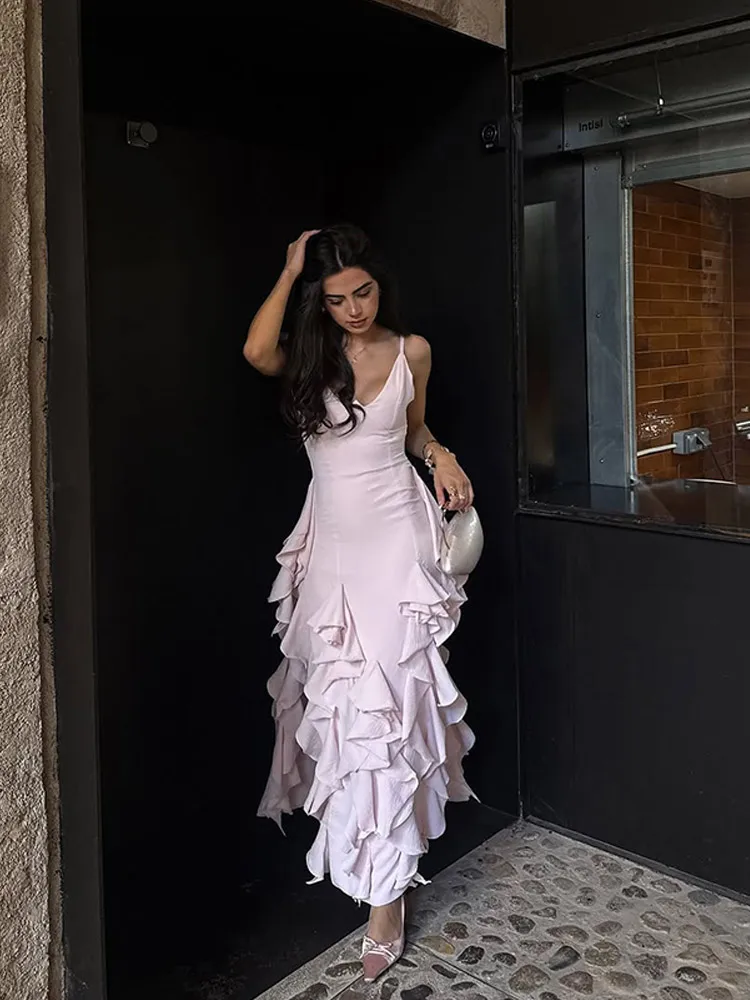 Lightpink cetim plissado maxi vestido feminino decote profundo sem mangas sereia cabido robe 2025 novo verão jardim festa senhora vestidos