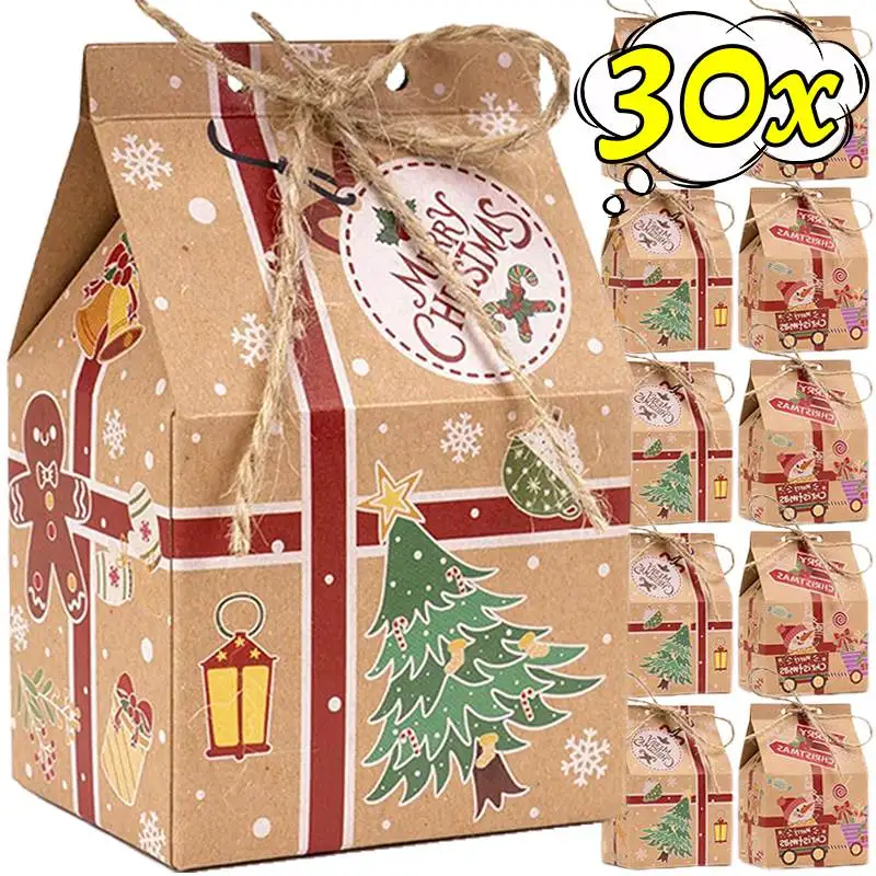 30/1pcs Christmas Candy Gift Box Raft Paper Cookie Snack Packing Bags New Year Gifts Wrapping Bag Xmas Party Home Decoration