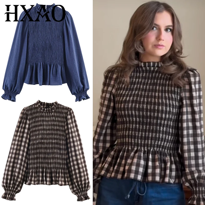 

Женская блузка HXAO с рюшами и клетчатым узором, весна 2026, укороченная, приталенная, с круглым вырезом, рукавами-фонариками, элегантная и молодежная