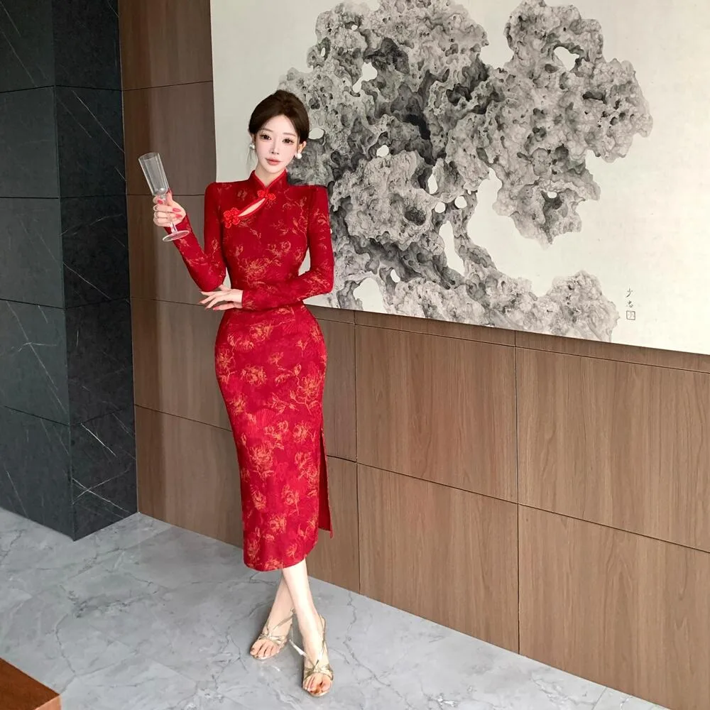 فستان Ele Red Reformed Ultra Slim Fit Vintage Sle Long Sve Dr للشابات بطبعة زهور صينية