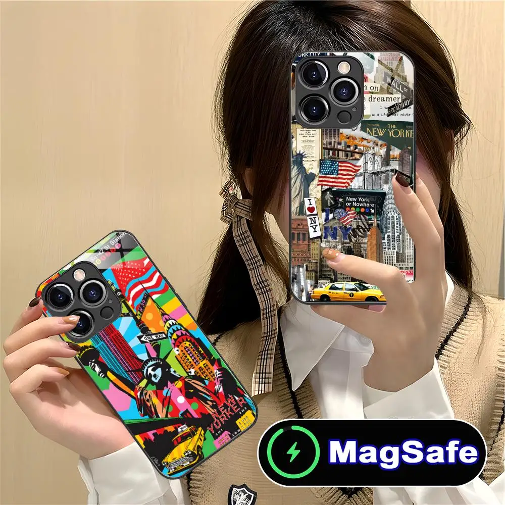 

Чехол для мобильного телефона New York City для iPhone 17, 16, 15, 14, 13, 12, 11 Pro Max Plus Mini MagSafe, стеклянный цветной чехол для мобильных телефонов