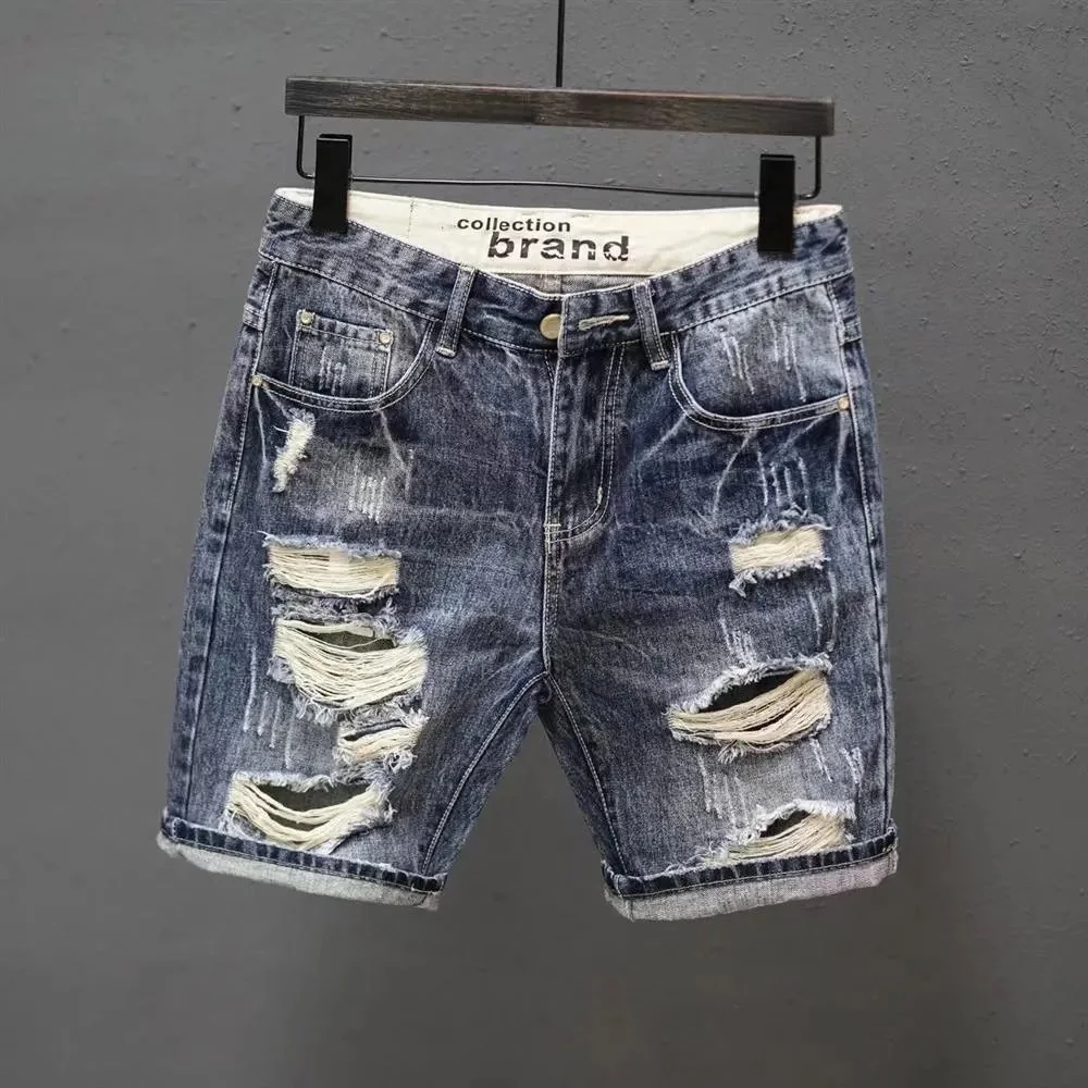 Sommer Herren koreanische Mode Loch Baggy Denim Shorts schöne junge Blue Cargo Jeans Shorts für Männer