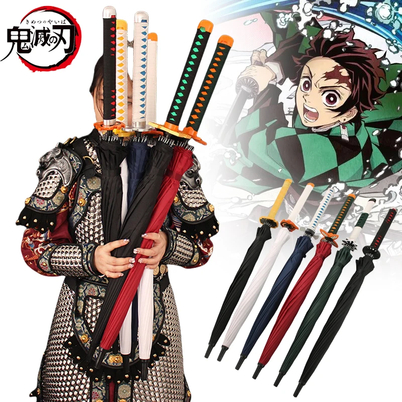 Demon Slayer Katana Umbrella Long Black Parasol Tanjirou Real Size Japanese Katana Samurai Sword Sabre Umbrella Anime Parasol